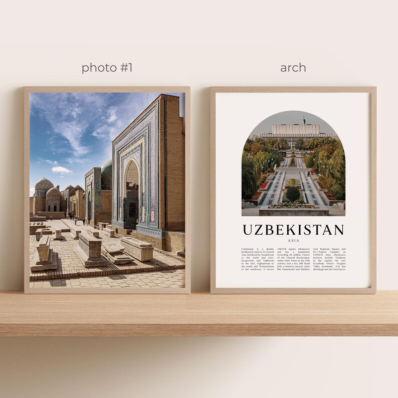 May include: Two framed prints on a wooden shelf. The left print shows a detailed view of an ancient building with a blue tiled archway. The right print features a landscape with the word "UZBEKISTAN" and the word "ASIA".