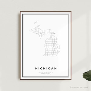 Michigan Map Print, Michigan Street Map Poster, United States, Modern Minimalist Map, Office Wall Art, Housewarming Birthday Gift | MU629