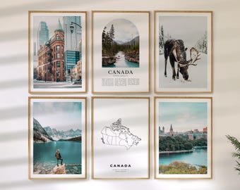 Canada Wall Art Set of 6, Travel Prints, Country Map and Photo Poster Collection