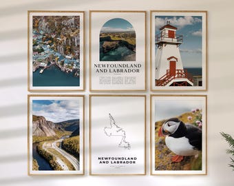 Newfoundland and Labrador Wall Art Set of 6, Canada Travel Prints, City Map and Photo Poster Collection
