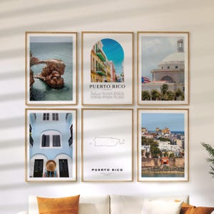 May include: Six framed art prints depicting scenes from Puerto Rico. The prints show coastal landscapes, colourful buildings, and architectural details. One print includes the text "PUERTO RICO" and a map outline.