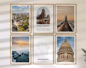 Wisconsin Wall Art Set of 6, Nature Travel Prints, State Map and Landscape Poster Collection