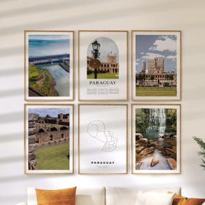 May include: Six framed art prints featuring images of Paraguay. The prints showcase landscapes, architecture, and a map of the country. Each print is in a wooden frame, creating a cohesive wall art set.