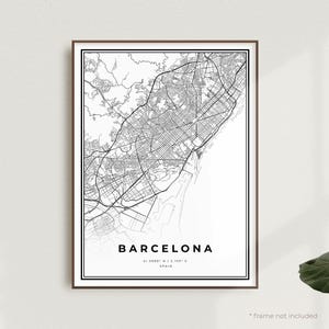 Impression de carte de Barcelone, affiche de plan des rues de Barcelone, Espagne, carte minimaliste moderne, oeuvre d'art murale de bureau, cadeau d'anniversaire de pendaison de crémaillère | MW157