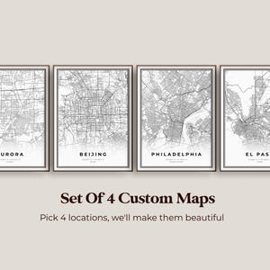Lot de 4 affiches de carte TOUTES LES VILLES, impressions de cartes personnalisées, lieux personnalisés, carte de la ville natale, décoration minimaliste moderne, oeuvre d'art murale pour bureau à domicile | CU19