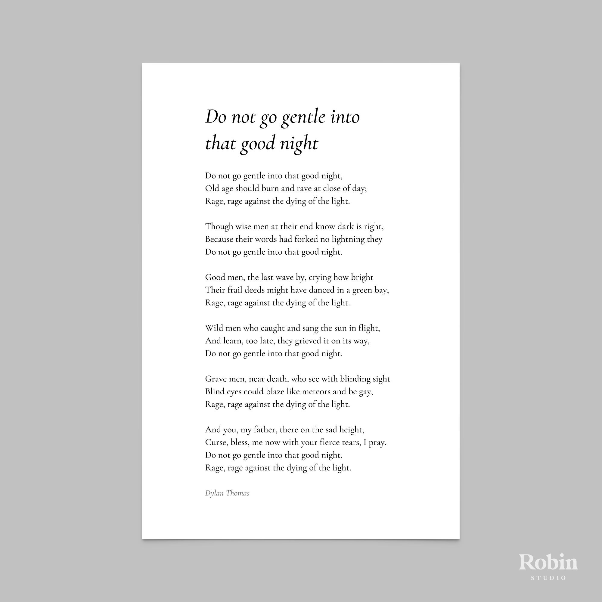 Do Not Go Gentle Into by Dylan Thomas Poem Print Poetry - Etsy