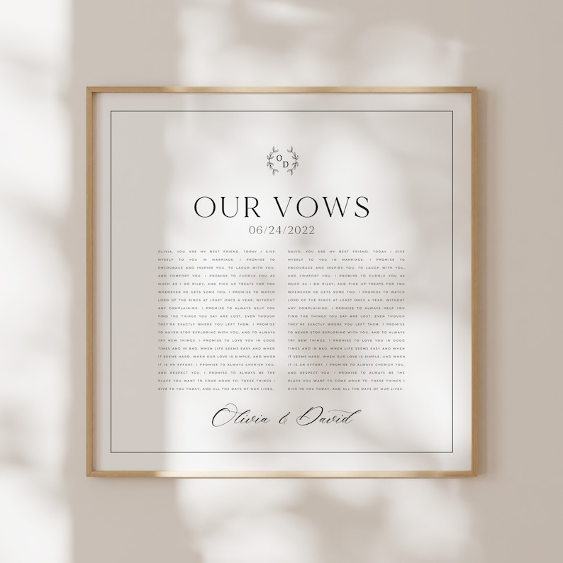 May include: A black and white printable wedding vow template with a simple floral design and the text "Our Vows" and "06/24/2022". The vows are written in a traditional style and include the names "Austin & David".