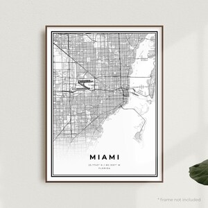Miami kaart print, Miami stratenkaart poster, Florida, moderne minimalistische kaart, Office Wall Art, housewarming verjaardagscadeau | MU44