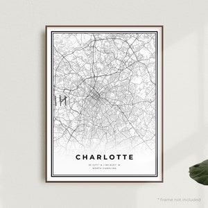 Charlotte Karte Druck, Charlotte Street Karte Poster, North Carolina, moderne minimalistische Karte, Bürowandkunst, Einweihungsparty Geburtstagsgeschenk | MU16