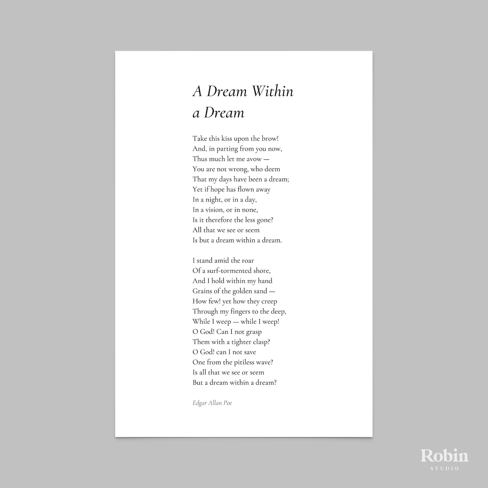 A Dream Within by Edgar Allan Poe Poem Print Poetry Print Gift, Literaty Poster, Poem Wall Art