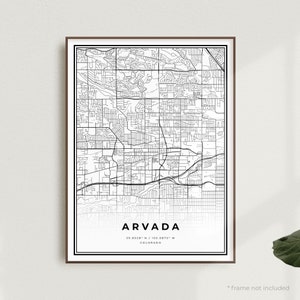 Impression de carte d'Arvada, affiche de plan de rue d'Arvada, Colorado, carte minimaliste moderne, art mural de bureau, cadeau d'anniversaire de pendaison de crémaillère | MU241