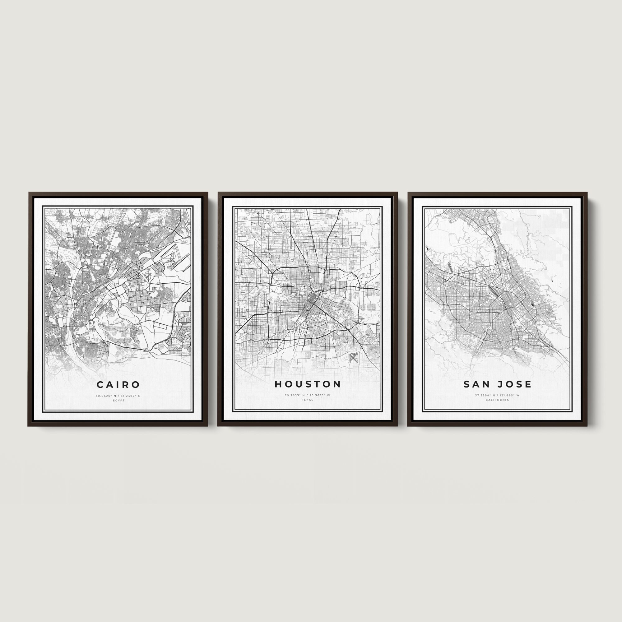 Set of 3 Framed ANY CITY Modern Map Prints Framed PREMIUM Etsy