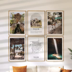 Juego de 6 láminas decorativas de Tulum, láminas de viaje a México, mapa de la ciudad y colección de pósteres fotográficos.