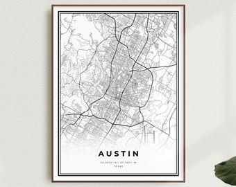 Austin Map Print, Austin Street Map Poster, Texas, Modern Minimalist Map, Office Wall Art, Housewarming Birthday Gift | MU11