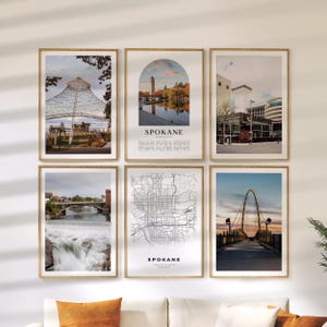 Spokane Wall Art Set of 6, Washington Travel Prints, City Map and Photo Poster Collection