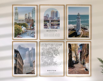 Boston Wall Art Set of 6, Massachusetts Travel Prints, City Map and Photo Poster Collection