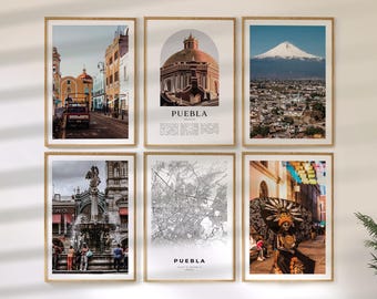 Puebla Wall Art Set of 6, Mexico Travel Prints, City Map and Photo Poster Collection