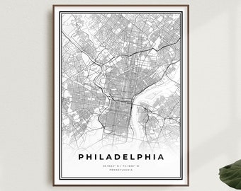 Mapa de Filadélfia para impressão, Mapa de ruas de Filadélfia, Pensilvânia, Mapa minimalista moderno, Arte de parede para escritório, Presente de aniversário ou inauguração de casa | MU05