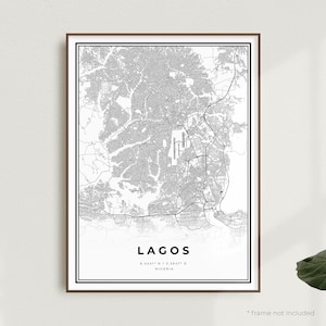 Impression de carte de Lagos, affiche du plan des rues de Lagos, Nigéria, carte minimaliste moderne, oeuvre d'art murale de bureau, cadeau d'anniversaire de pendaison de crémaillère | MW123