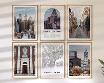 Philadelphia Wall Art Set of 6, Pennsylvania Travel Prints, City Map and Photo Poster Collection