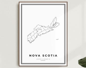 May include: A black and white line art print of the outline of Nova Scotia, Canada. The print includes the text "NOVA SCOTIA" and the coordinates "45.0778° N / 63.5467° W".