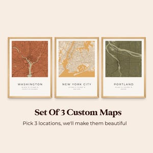 Conjunto de 3 mapas de cidades personalizados Boho, paletas de tons de terra, pôsteres de ruas de cidades personalizadas em terracota, arte de parede botânica de meados do século
