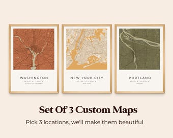 Set of 3 Boho Personalized City Maps, Earth Tone Palettes, Terracotta Custom Location Town Streets Posters, Mid-century Botanical Wall Art