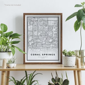 Stampa mappa di Coral Springs, mappa stradale di Coral Springs, Florida, mappa minimalista moderna, arte murale per ufficio, regalo di compleanno per inaugurazione della casa / MU208+