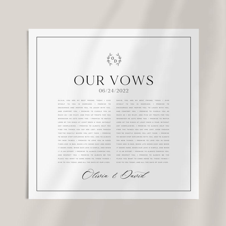 May include: A black and white printable wedding vow template with the text "Our Vows" and the date "06/24/2022". The vows are written in a script font and include the names Olivia and David.