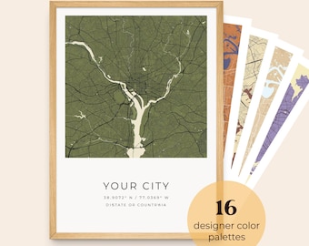 Personalized City Map Print, Designer Color Palettes, Custom Location Home Town Streets Poster, Modern Map Wall Art for Home Office