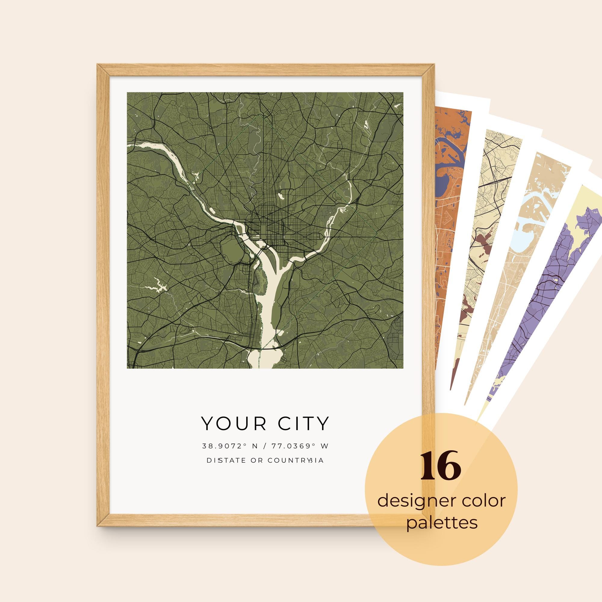 Personalized City Map Print, Designer Color Palettes, Custom Location Home Town Streets Poster, Modern Map Wall Art for Home Office
