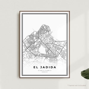 Impression de carte d'El Jadida, affiche du plan de la rue d'El Jadida, Maroc, carte minimaliste moderne, oeuvre d'art murale de bureau, cadeau d'anniversaire de pendaison de crémaillère | MW257