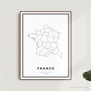 Impression de carte de France, affiche de carte des rues de France, Europe, carte minimaliste moderne, oeuvre d'art murale de bureau, cadeau d'anniversaire de pendaison de crémaillère | MW628