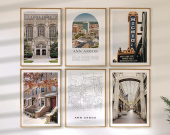 Ann Arbor Wall Art Set of 6, Michigan Travel Prints, City Map and Photo Poster Collection
