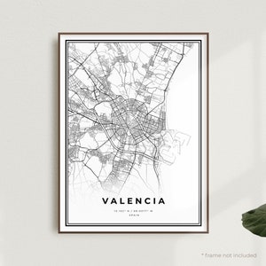 Impression de carte de Valence, affiche de plan des rues de Valence, Espagne, carte minimaliste moderne, oeuvre d'art murale de bureau, cadeau d'anniversaire de pendaison de crémaillère | MW386