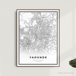 Impression de carte de Yaoundé, affiche du plan de la rue Yaoundé, Cameroun, carte minimaliste moderne, oeuvre d'art murale de bureau, cadeau d'anniversaire de pendaison de crémaillère | MW217+