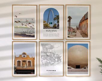 Tijuana Wall Art Set of 6, Mexico Travel Prints, City Map and Photo Poster Collection