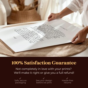 K&ouml;nnte beinhalten: Ein gro&szlig;er wei&szlig;er Druck mit handschriftlichem Text wird von einer Person gehalten. Der Druck befindet sich auf einer neutralfarbenen Oberfl&auml;che. Der Text "100% Satisfaction Guarantee" wird in einer braunen Box zusammen mit anderem Text und Symbolen angezeigt.