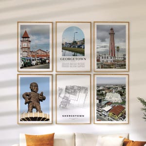 Georgetown Wall Art Set of 6, Guyana Travel Prints, City Map and Photo Poster Collection