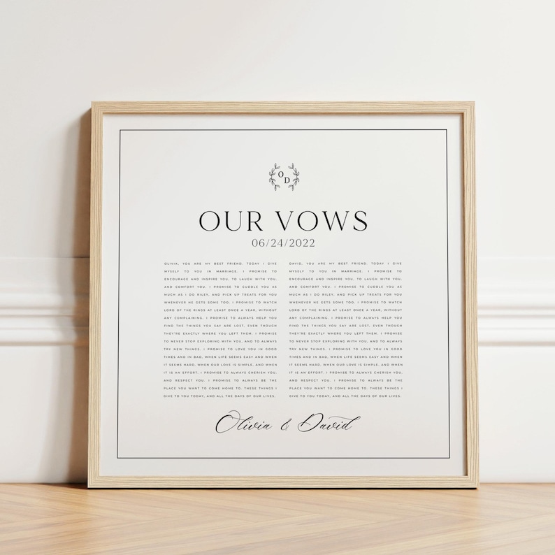 May include: A black and white printable wedding vow template with the text "Our Vows" and the date "06/24/2022". The vows are written in a traditional style and include promises of love, support, and commitment. The names "Olivia & David" are printed at the bottom of the page.