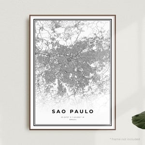 Impressão de mapa de São Paulo, pôster de mapa de rua de São Paulo, Brasil, mapa minimalista moderno, arte de parede de escritório, presente de aniversário de inauguração de casa | MW106