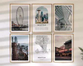 Seattle Wall Art Set of 6, Washington Travel Prints, City Map and Photo Poster Collection