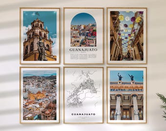 Guanajuato Wall Art Set of 6, Mexico Travel Prints, City Map and Photo Poster Collection