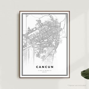 Impression de carte de Cancun, poster plan des rues de Cancun, Mexique, carte minimaliste moderne, oeuvre d'art murale de bureau, cadeau d'anniversaire de pendaison de crémaillère | MW700
