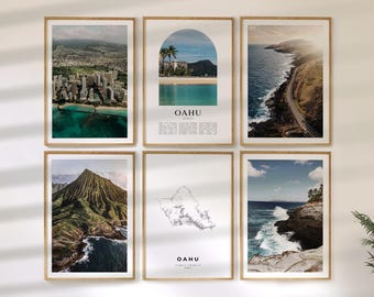 Oahu Wall Art Set of 6, Hawaii Travel Prints, City Map and Photo Poster Collection