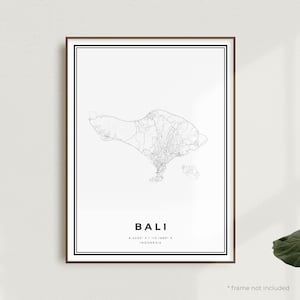 Impression de carte de Bali, affiche de carte des rues de Bali, Indonésie, carte minimaliste moderne, oeuvre d'art murale de bureau, cadeau d'anniversaire de pendaison de crémaillère | MW587