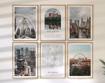 Atlanta Wall Art Set of 6, Georgia Travel Prints, City Map and Photo Poster Collection