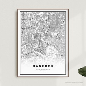 Impression carte de Bangkok, poster plan des rues de Bangkok, Thaïlande, carte minimaliste moderne, oeuvre d'art murale de bureau, cadeau d'anniversaire de pendaison de crémaillère | MW124+