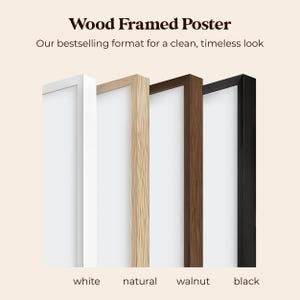 May include: Four wood-framed posters in white, natural, walnut, and black. The text at the top reads "Wood Framed Poster" and "Our bestselling format for a clean, timeless look." The bottom of the image has the color names.