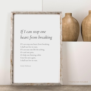 If I can stop one d'Emily Dickinson Impression de poèmes - Cadeau d'impression de poésie, affiche littéraire, art mural poème, affiche de poème, impression de décoration intérieure | PE86